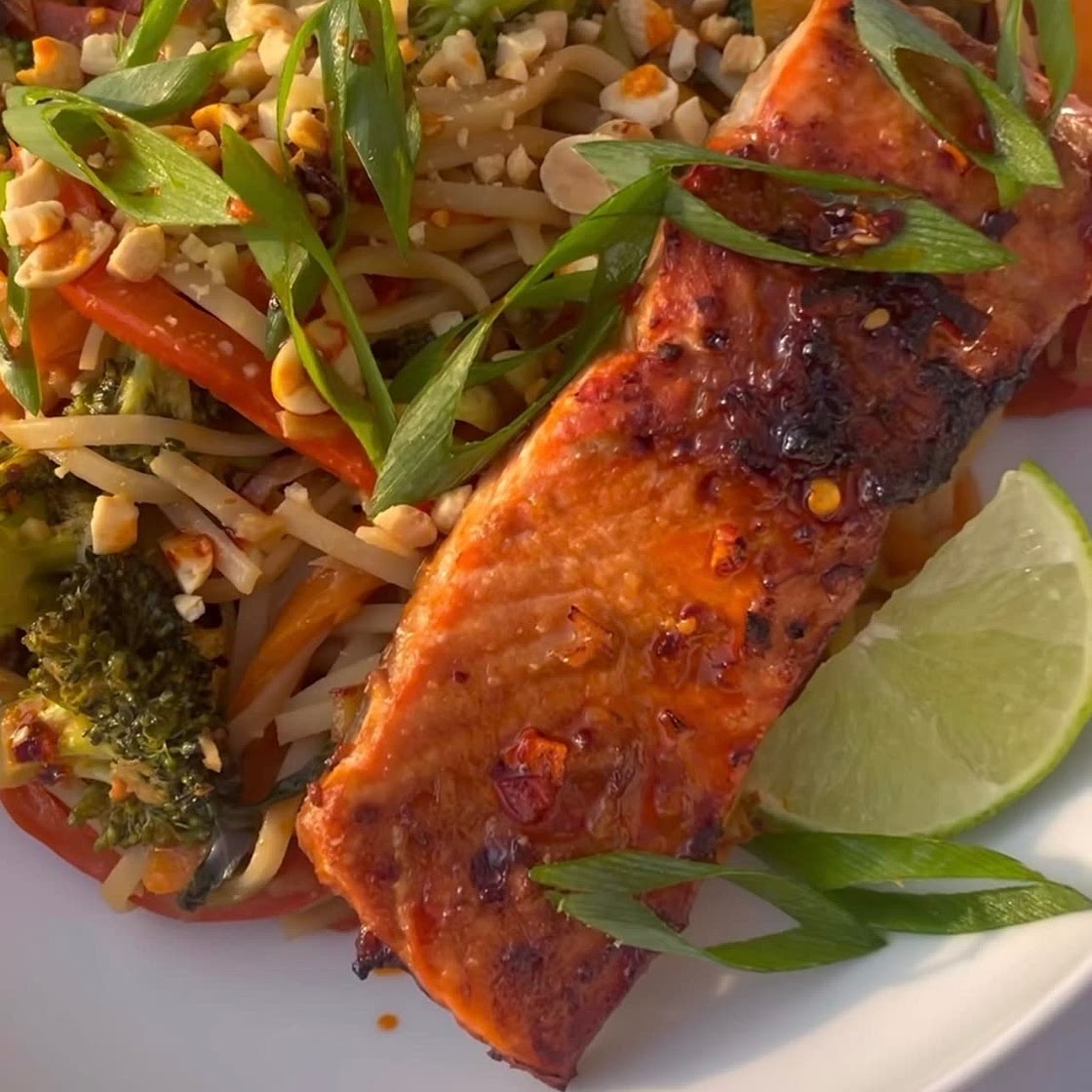 Toscano’s Spicy Peanut Noodles with Veggies and Salmon