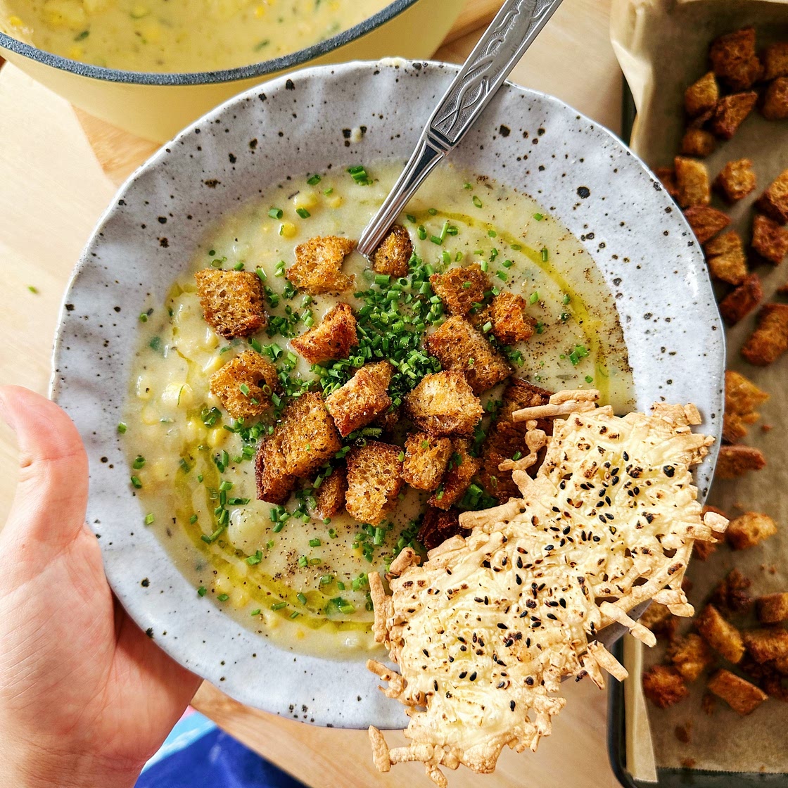Potato, Leek and Corn Chowder with Bacon Croutons (Dairy-Free and Vegan)