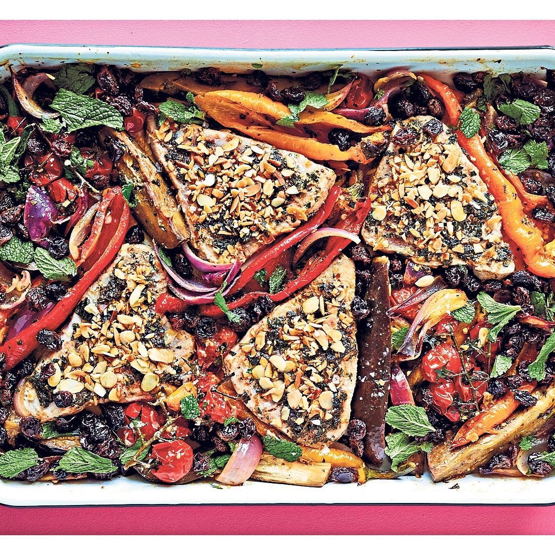 Chermoula roasted tuna, peppers, chickpeas and raisins recipe
