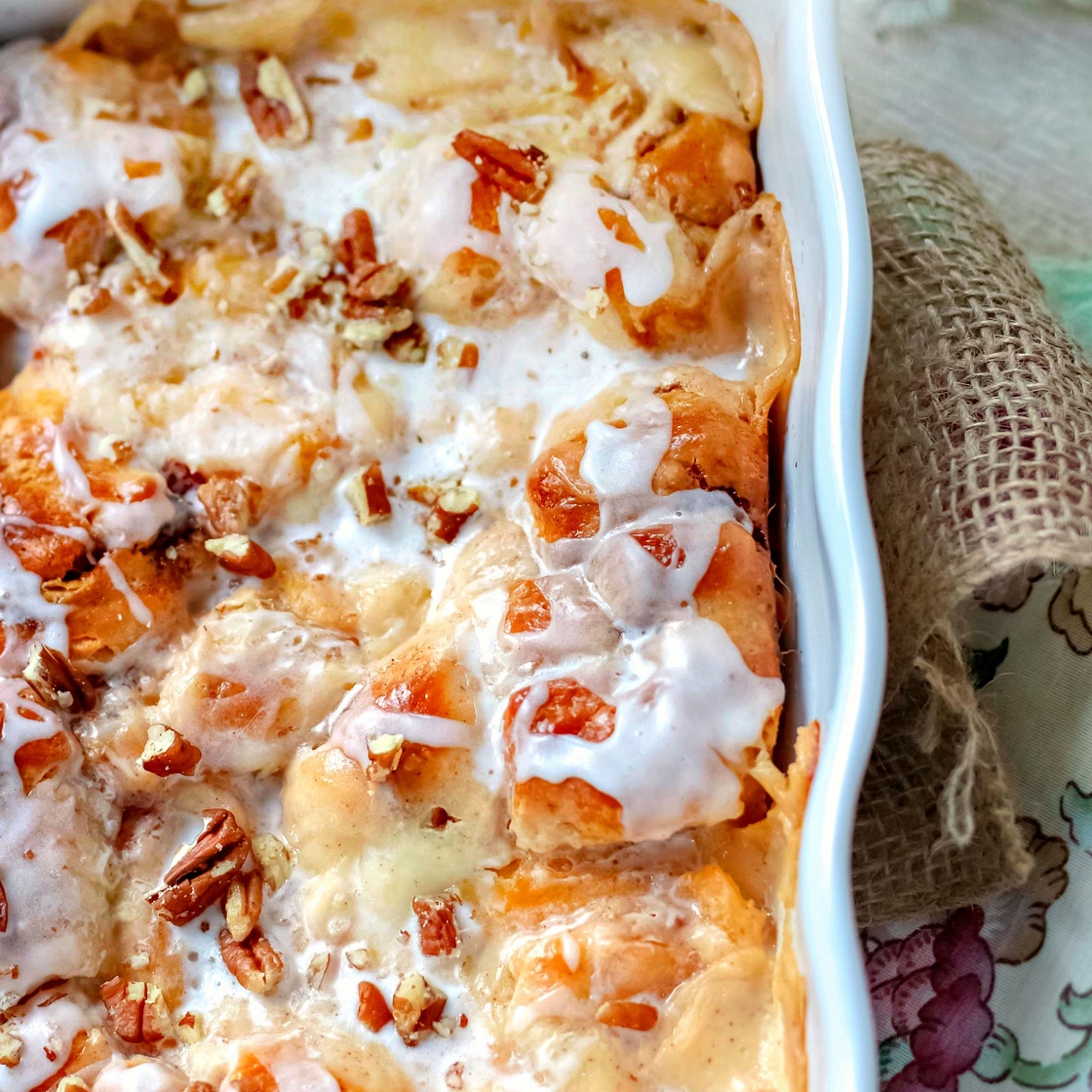 Peach Cream Cheese Cinnamon Roll Breakfast Casserole