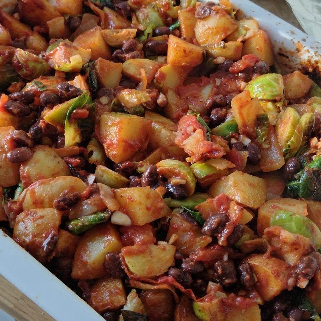 Spicy potatoes brussel sprouts and black bean casserole