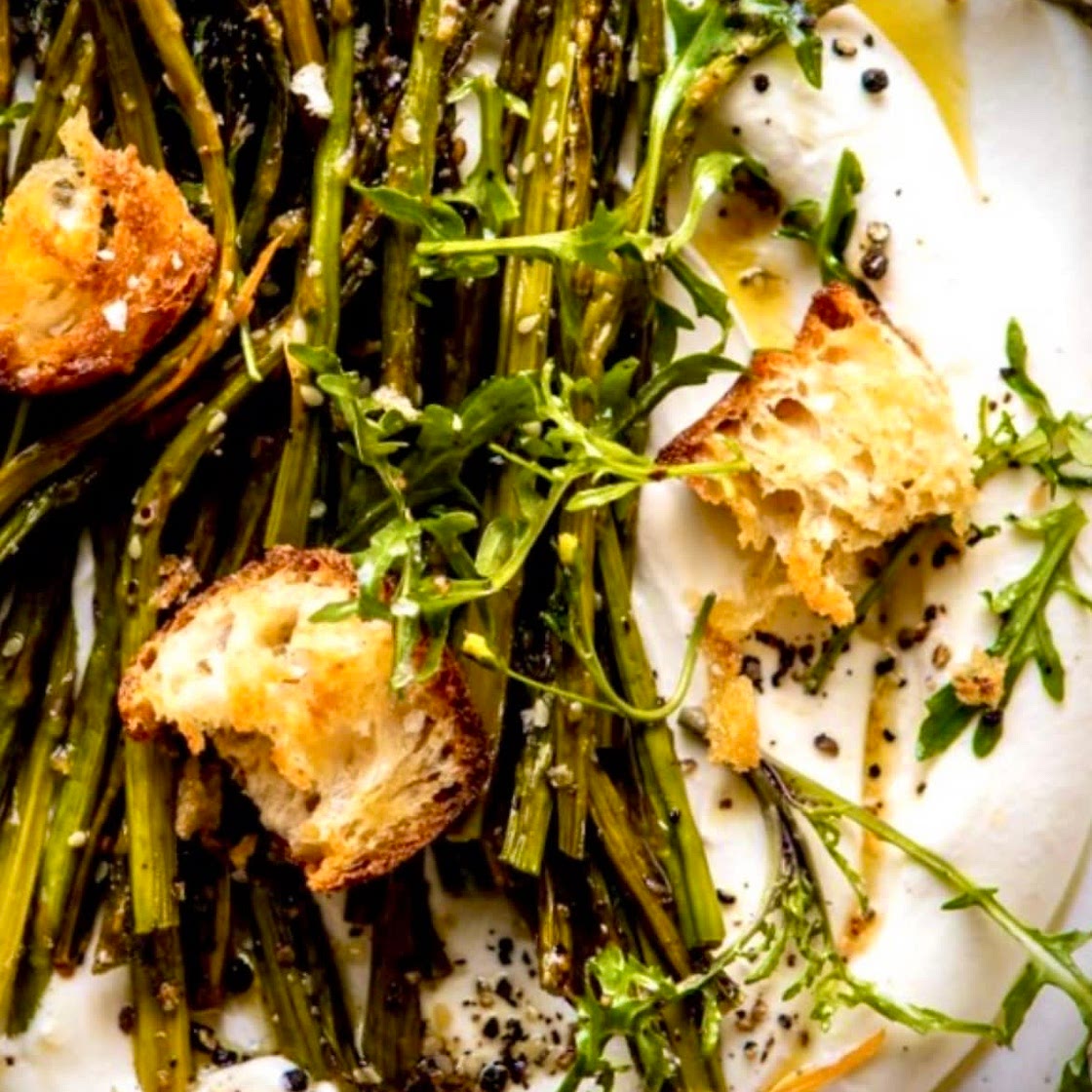 Mutabbal Potatoes With Roasted Asparagus
