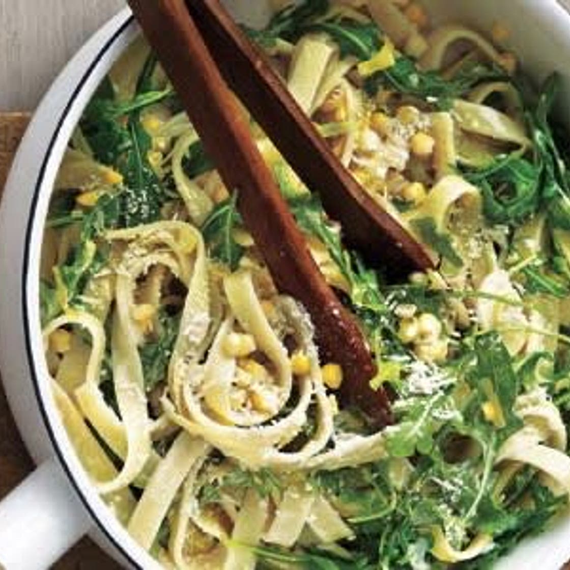 Creamy Fettuccine With Leeks, Corn and Arugula