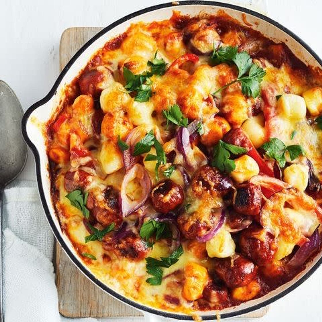10-minute dairy free cheesy gluten gnocchi and meatball bake