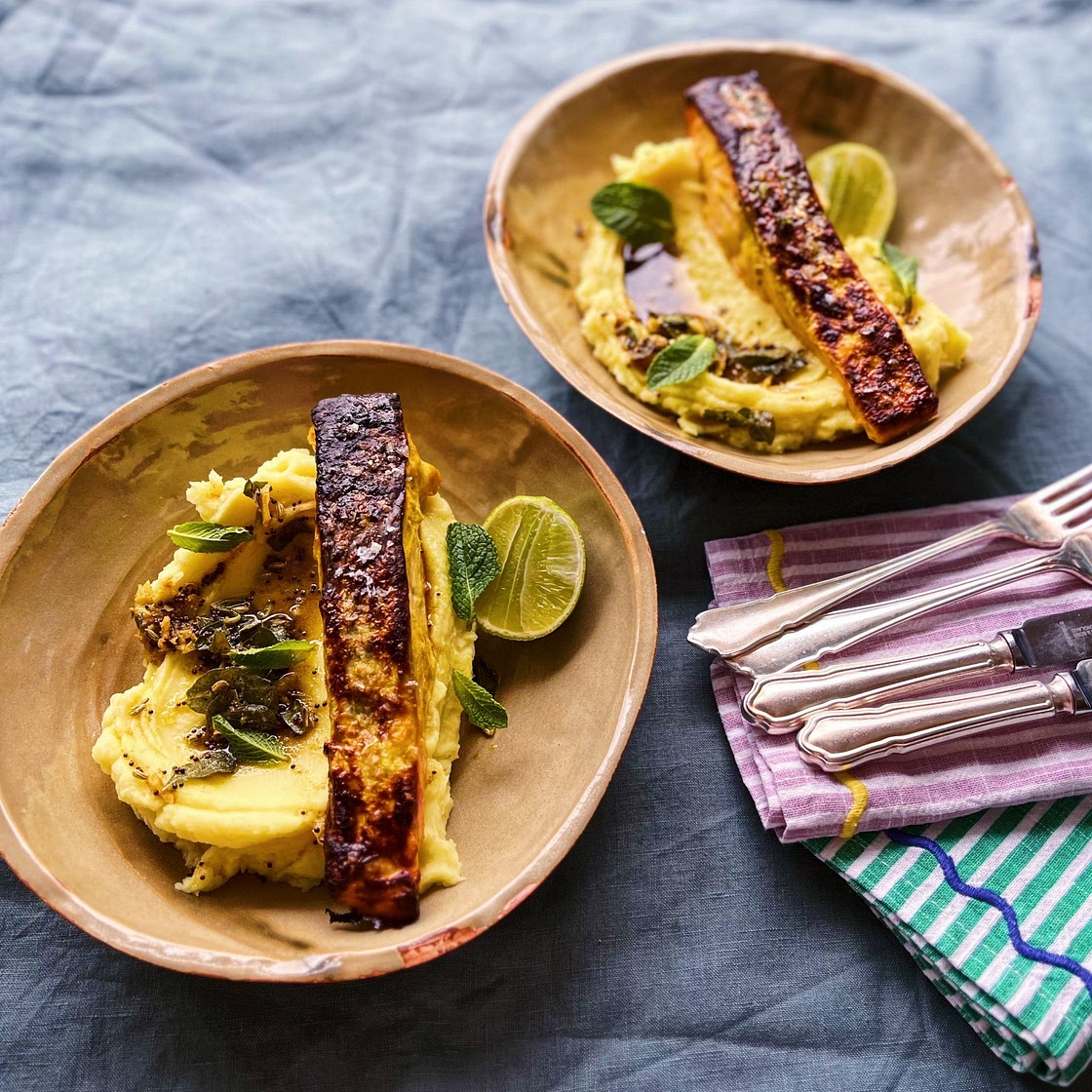 Crispy salmon with curry butter mash recipe
