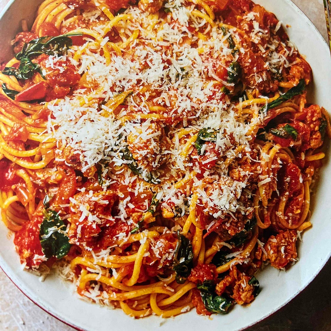 Sausage Spaghetti with spinach 