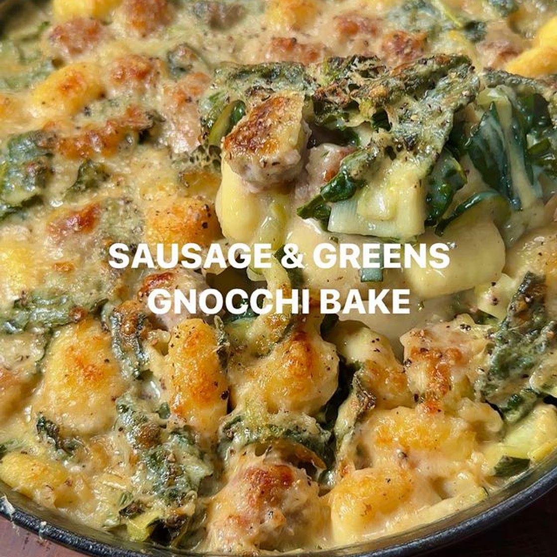 Healthy sausage greens gnocchi bake