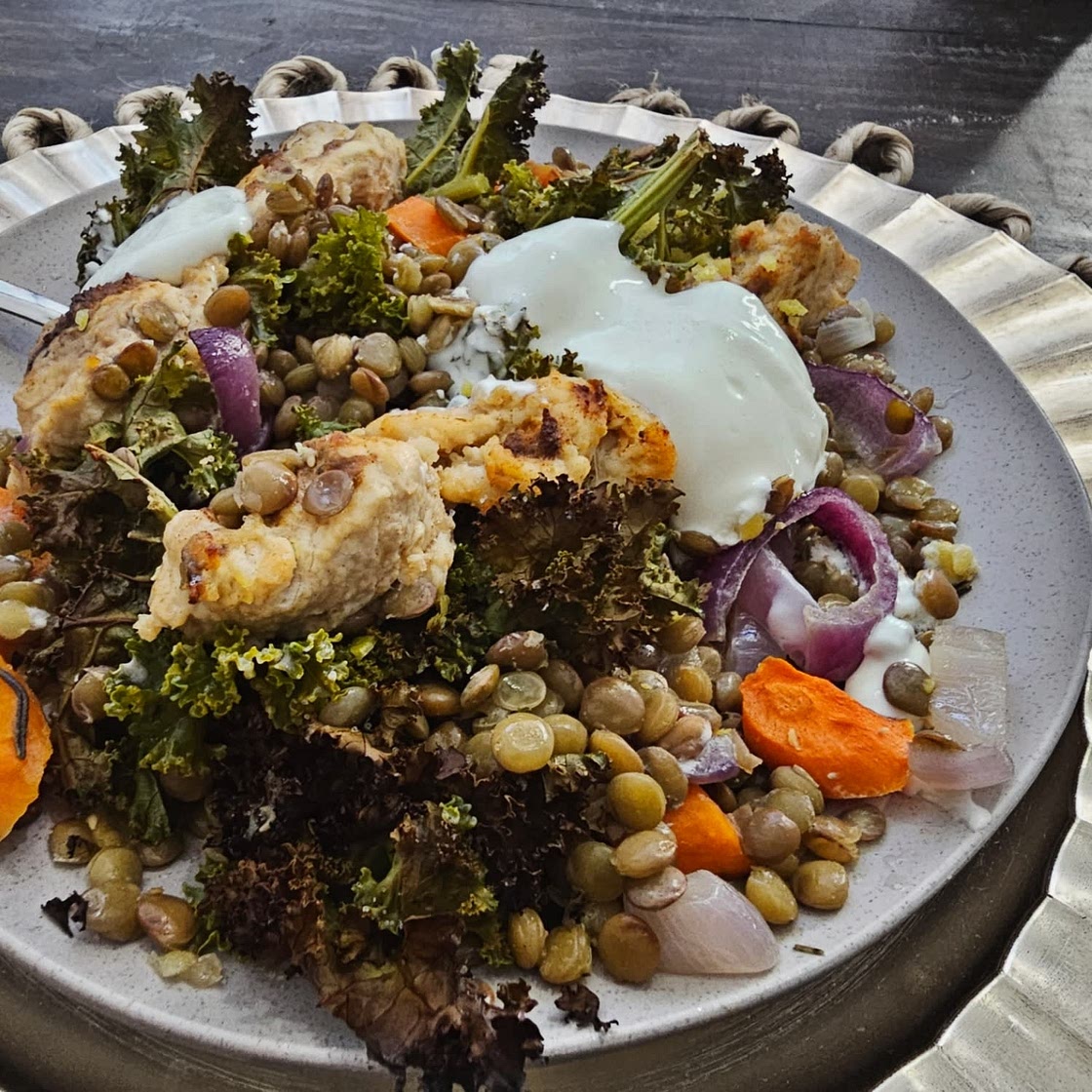 Healthy harissa chicken, lentil and kale tray bake recipe