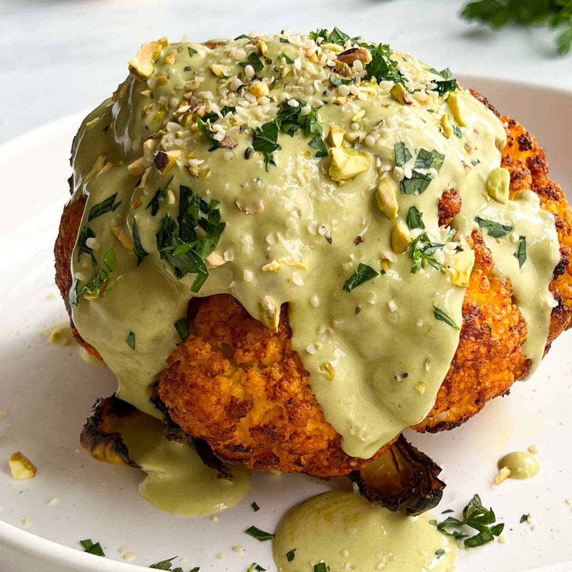 Easy Whole Roasted Cauliflower with Protein-Packed Sauce