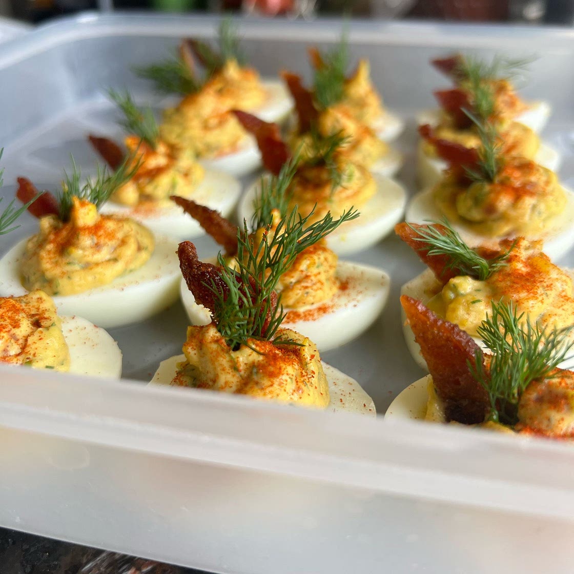 Deviled Eggs with Candied Bacon