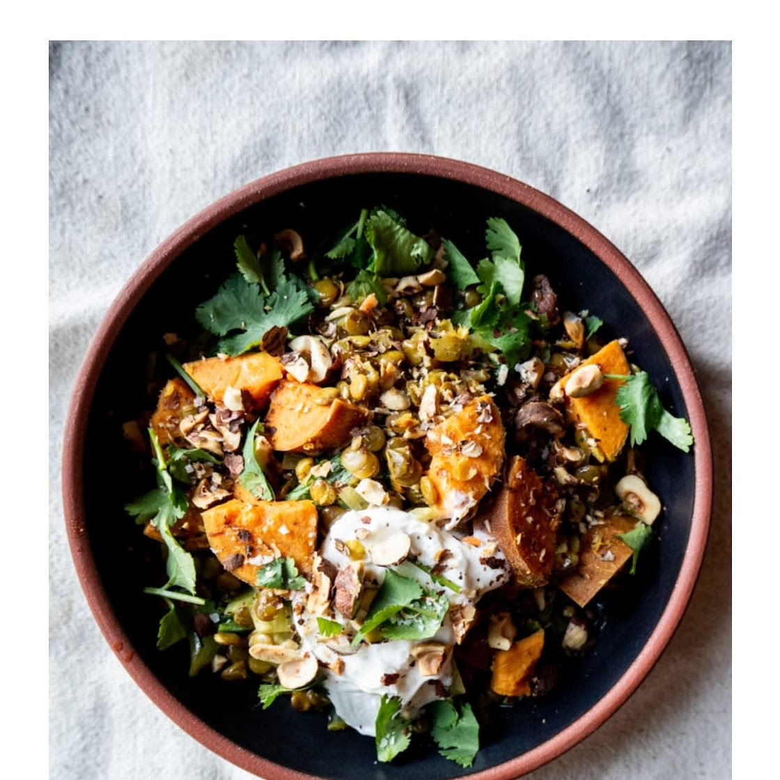 Curried lentils, sweet potato and hazelnuts