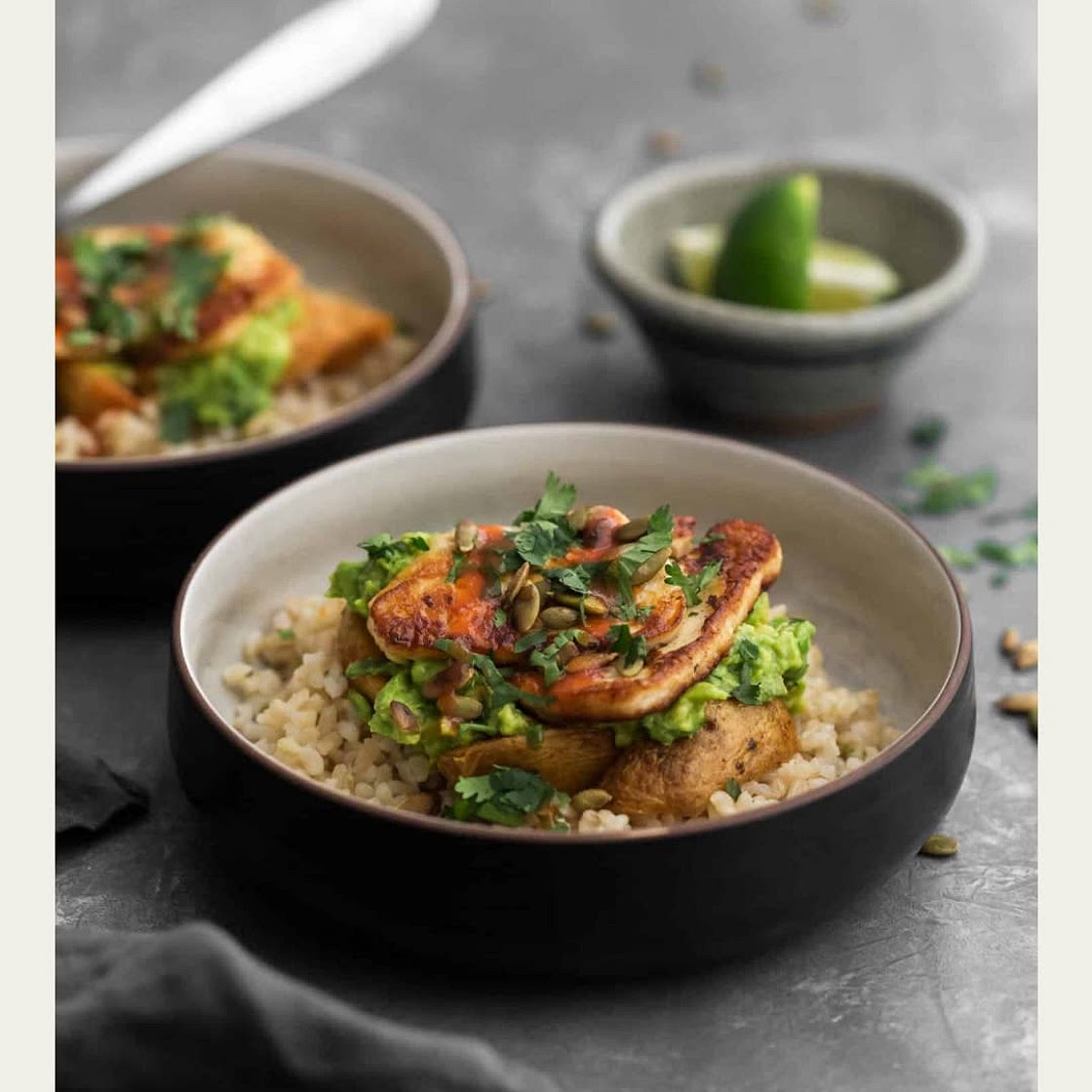 Halloumi and potato rice bowl
