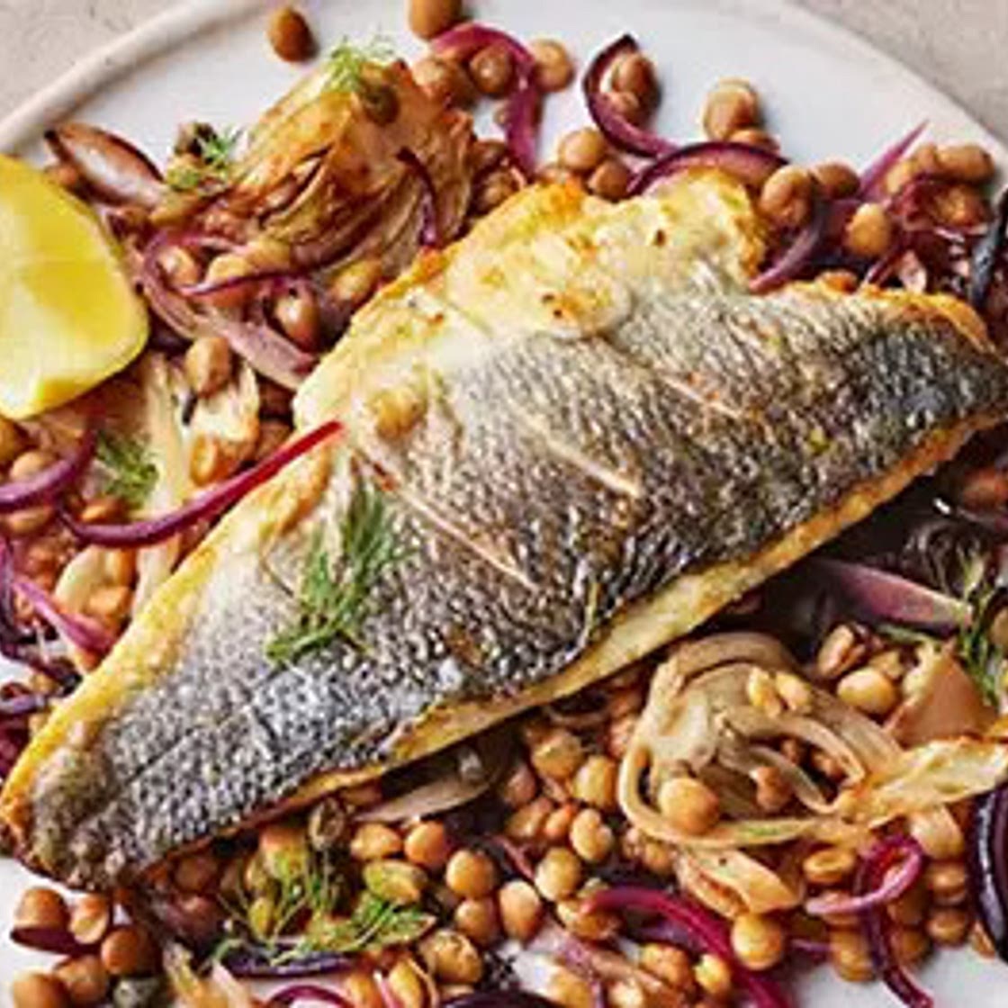 Crispy sea bass with lentils