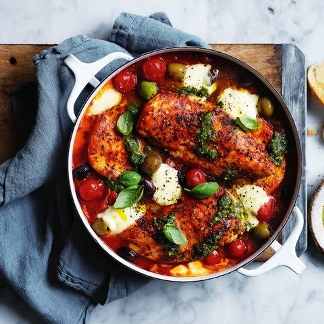 One-pan chicken with bocconcini and olives