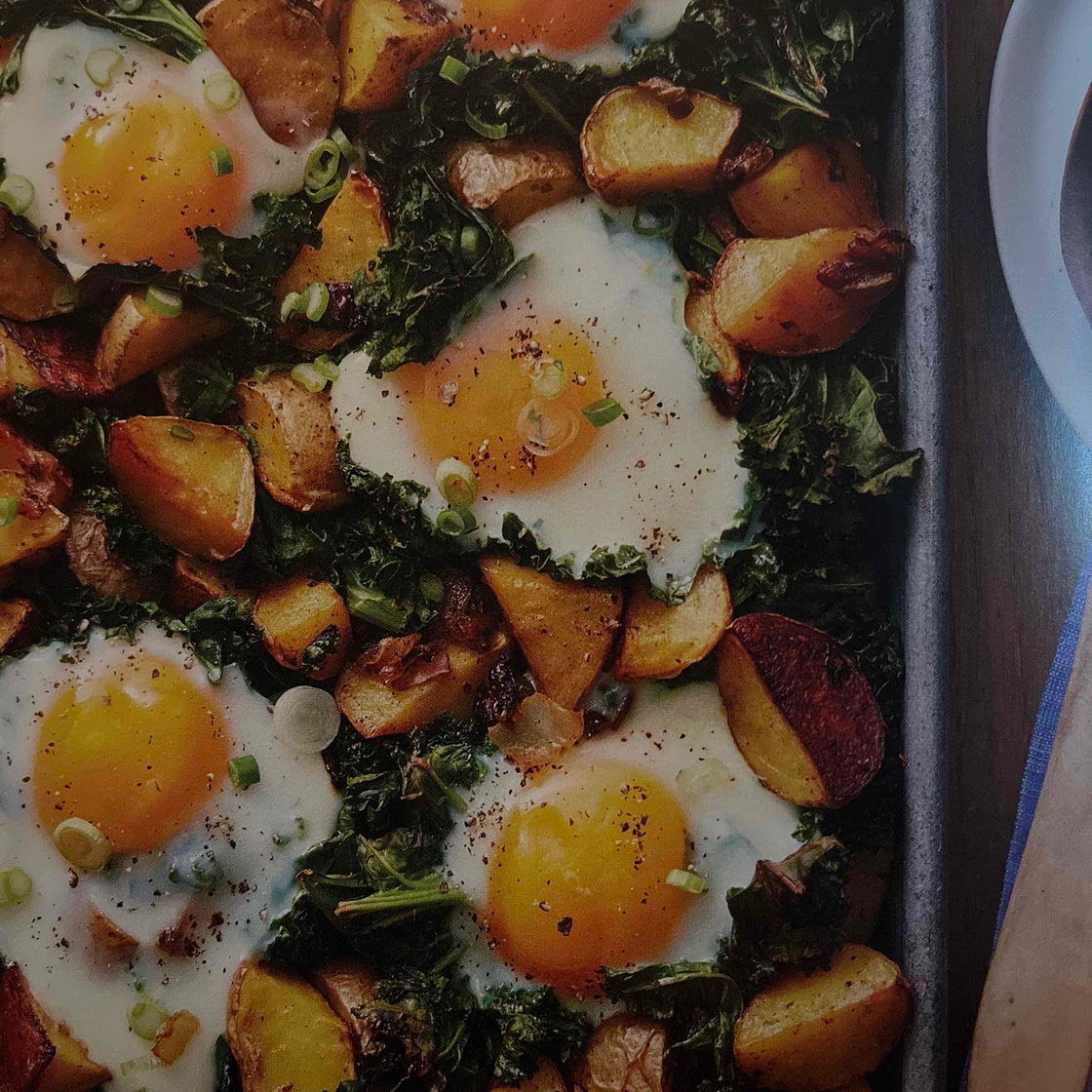 Roasted potato and kale hash with eggs