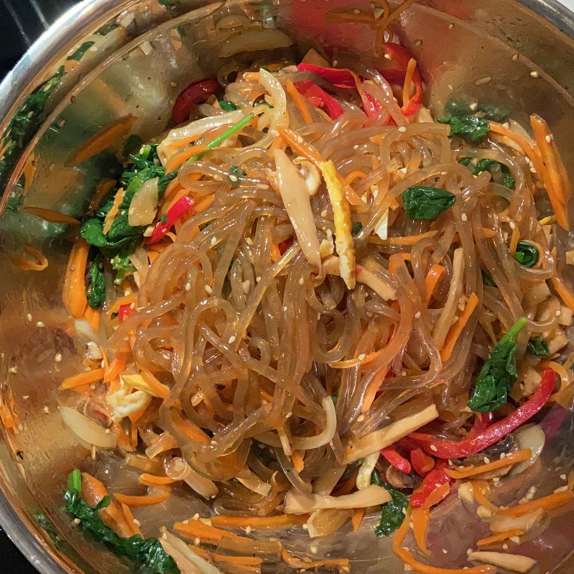 Japchae (stir-fried starch noodles with beef and vegetables)