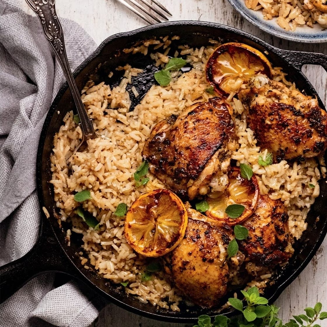 ONE-POT BAKED GREEK CHICKEN & LEMON RICE