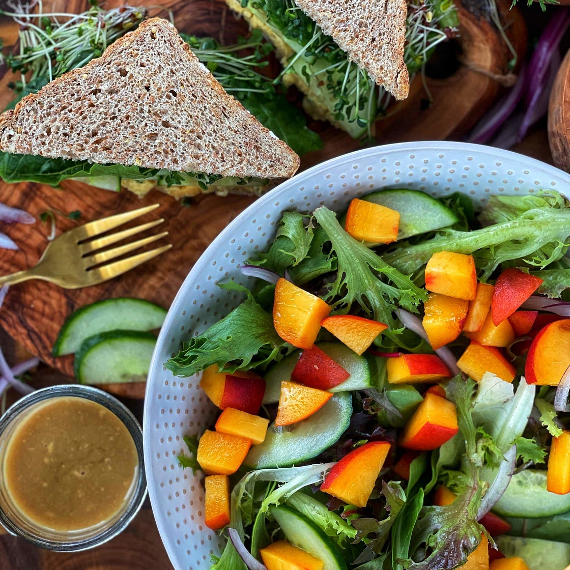 Summer Peach Salad with Peach Dijon Dressing | Plantiful Kiki