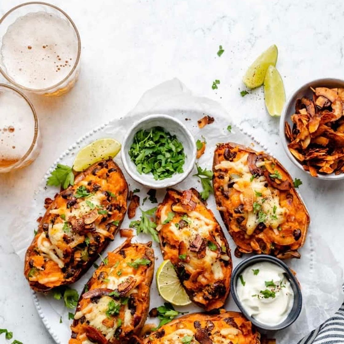 Cheese and black bean loaded sweet potato 