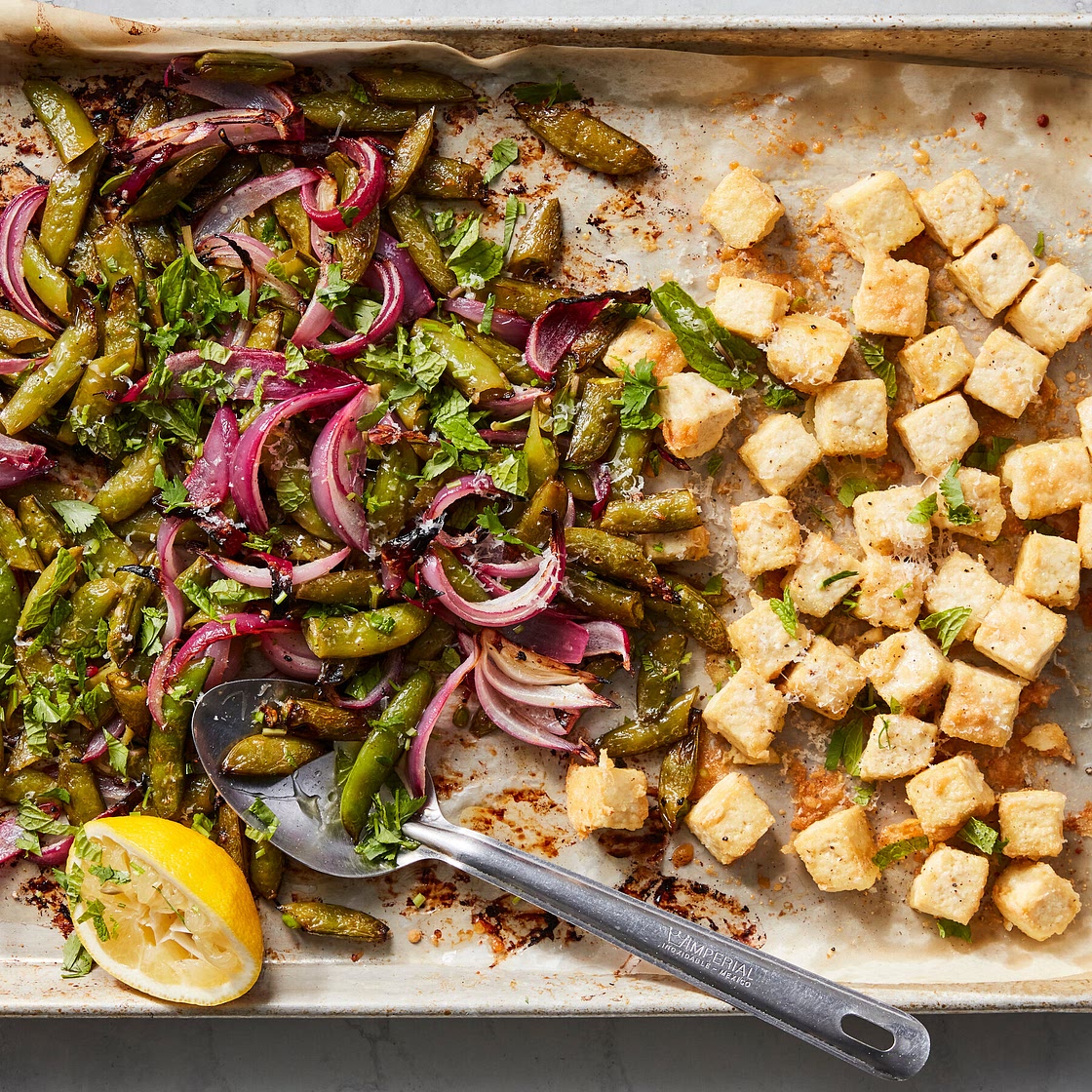 Crispy Baked Tofu With Sugar Snap Peas