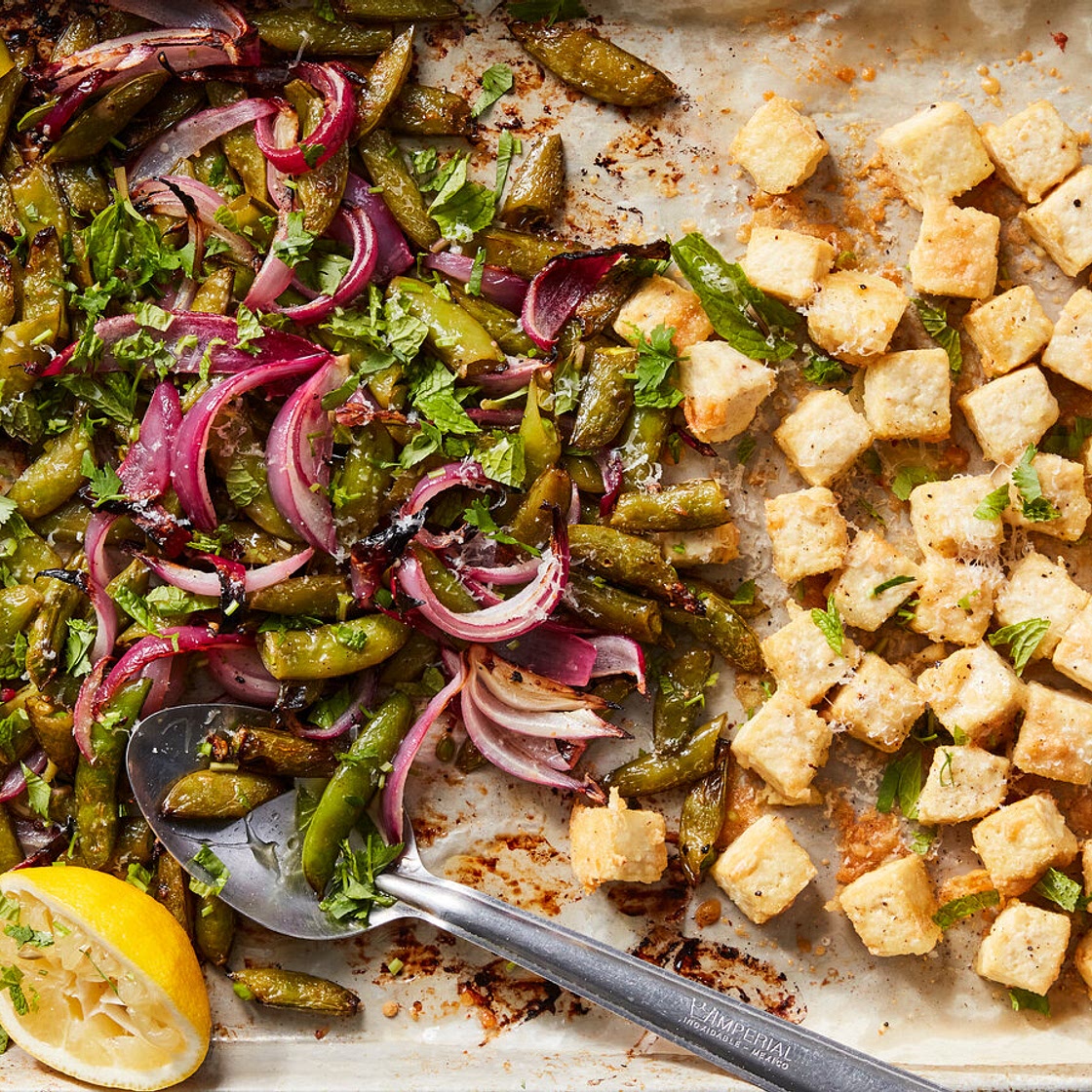 Crispy Baked Tofu With Sugar Snap Peas