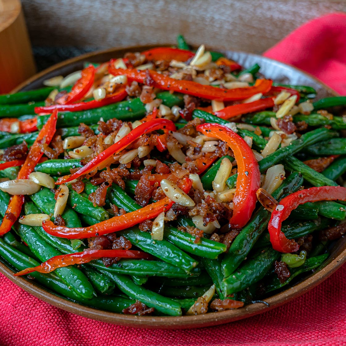 Sheet Pan Green Beans Almondine with Bacon