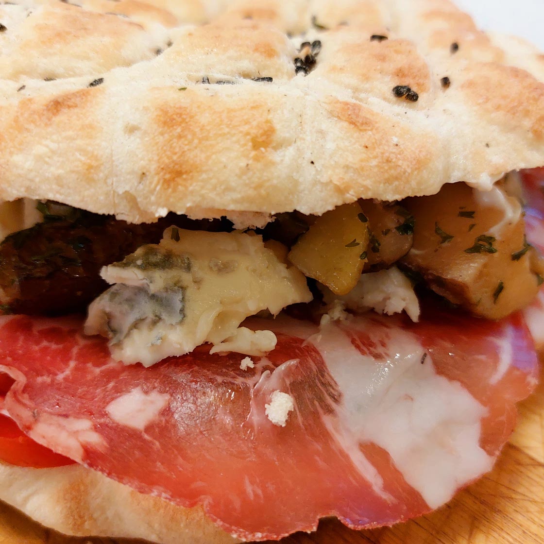 Panini - Coppa, mushrooms and gorgonzola cheese.