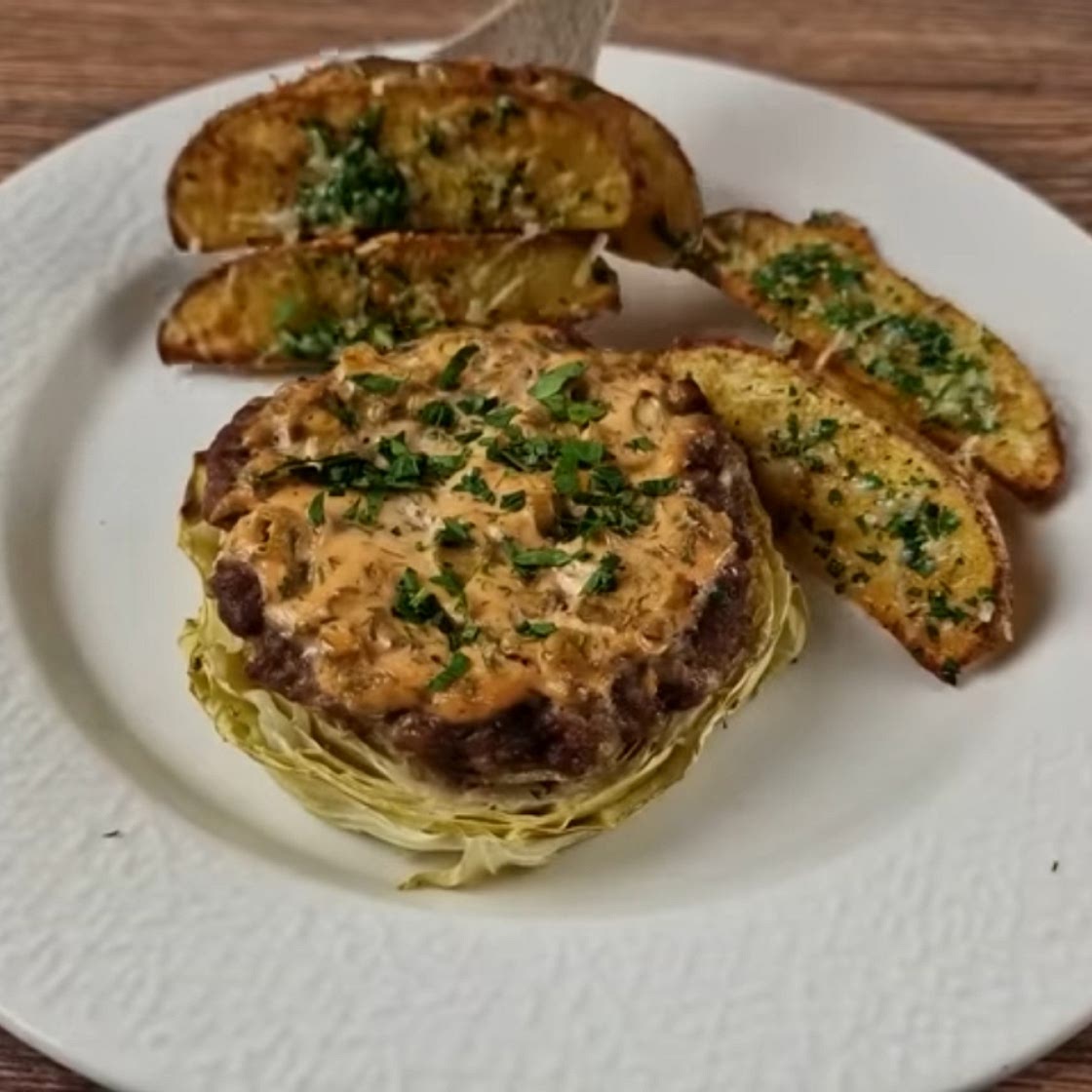 Cabbage steaks with ground turkey and yogurt dressing