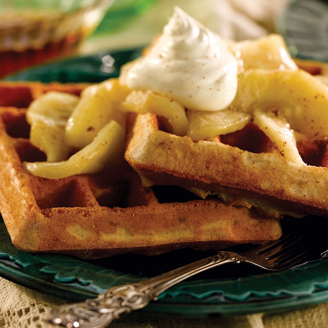 Belgian Pecan Waffles with Cinnamon Apples and Whipped Cream