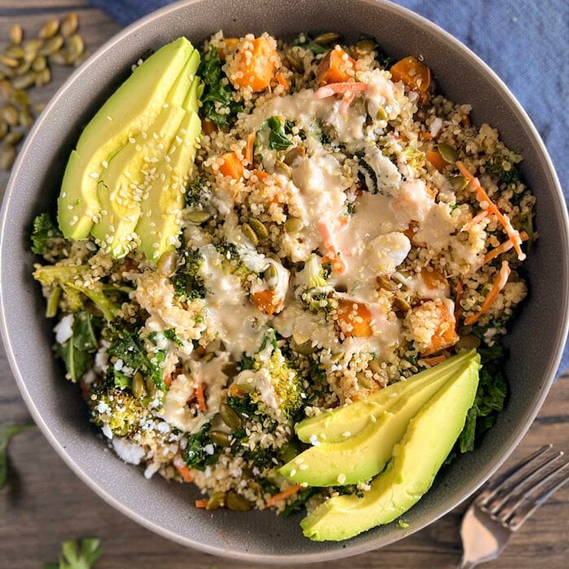 Warm Roasted Veggie Quinoa Salad with Creamy Sesame Dressing