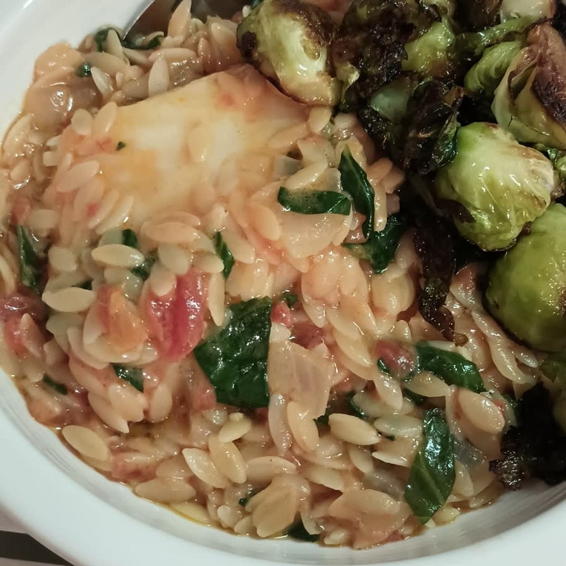 Poached cod with creamy orzo
