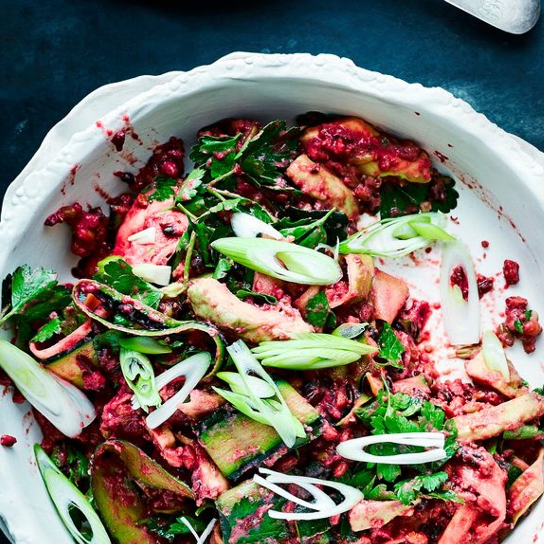 Red rice, courgette and avocado salad with blitzed beetroot dressing
