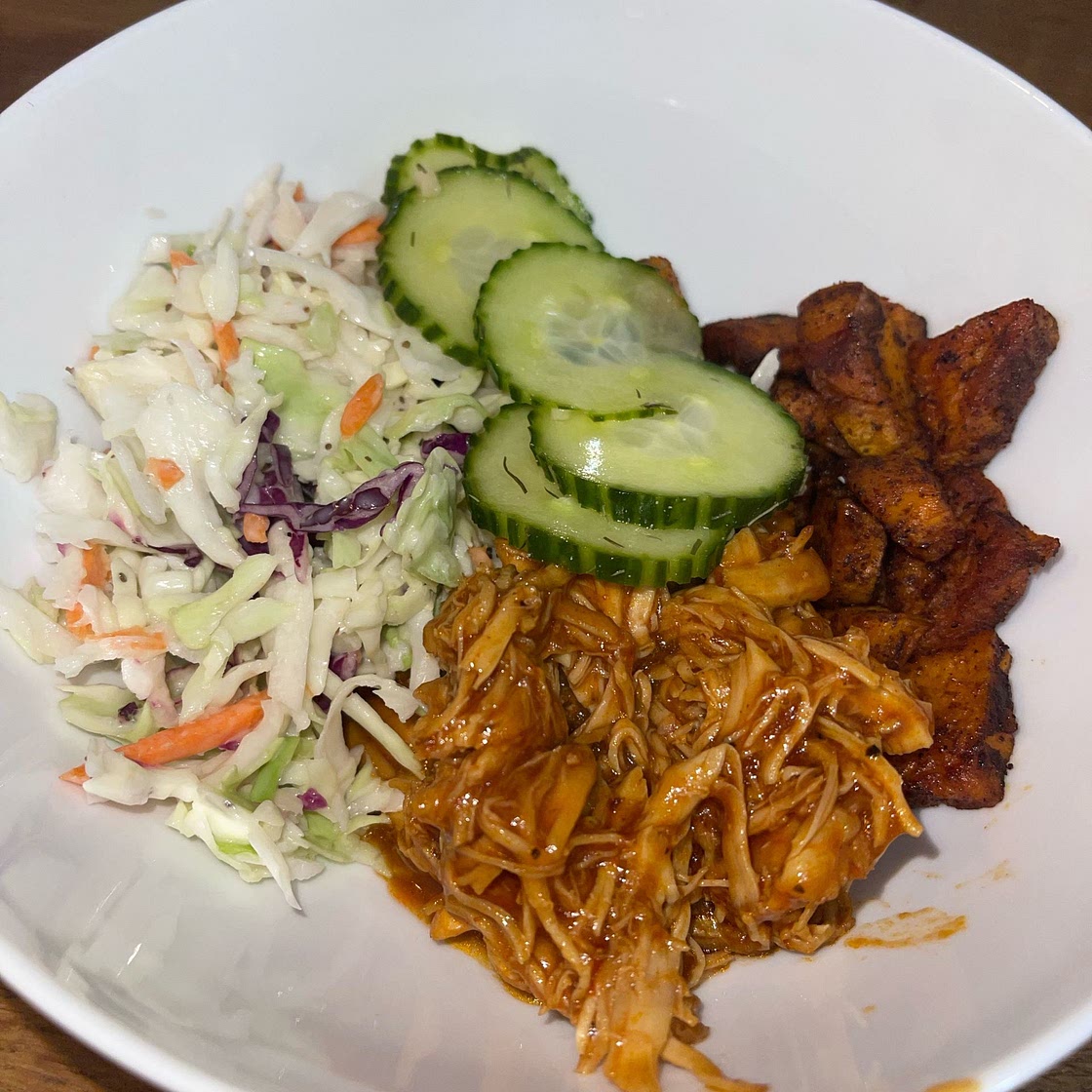 BBQ Chicken Bowls with Sweet Potatoes, Coleslaw, and Pickles