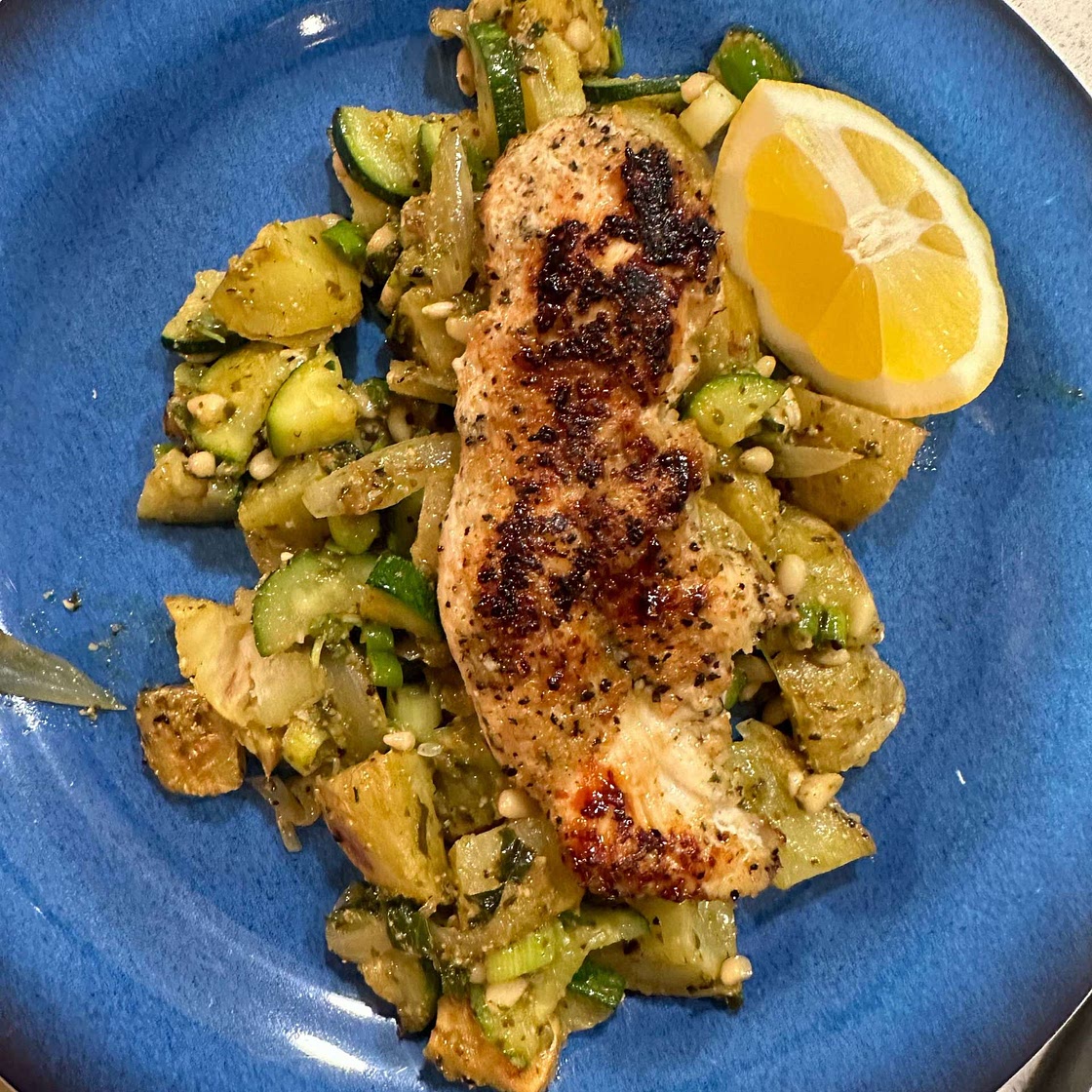 Lemony Pan-Seared Chicken with Pesto, Peas, & Potatoes