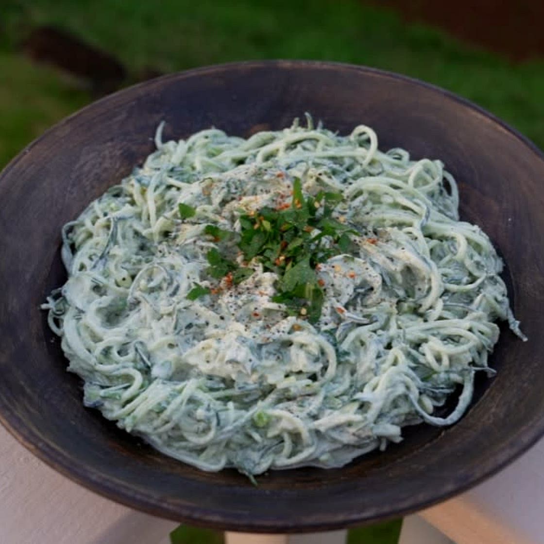 Cucumber noodles with creamy lemon garlic sauce