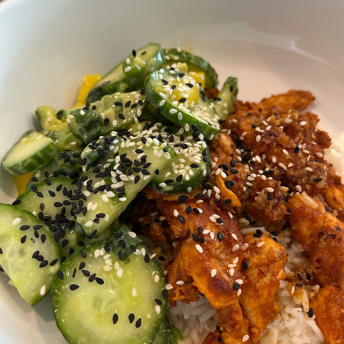 Chili Crisp Chicken Mango Cucumber Rice Bowl