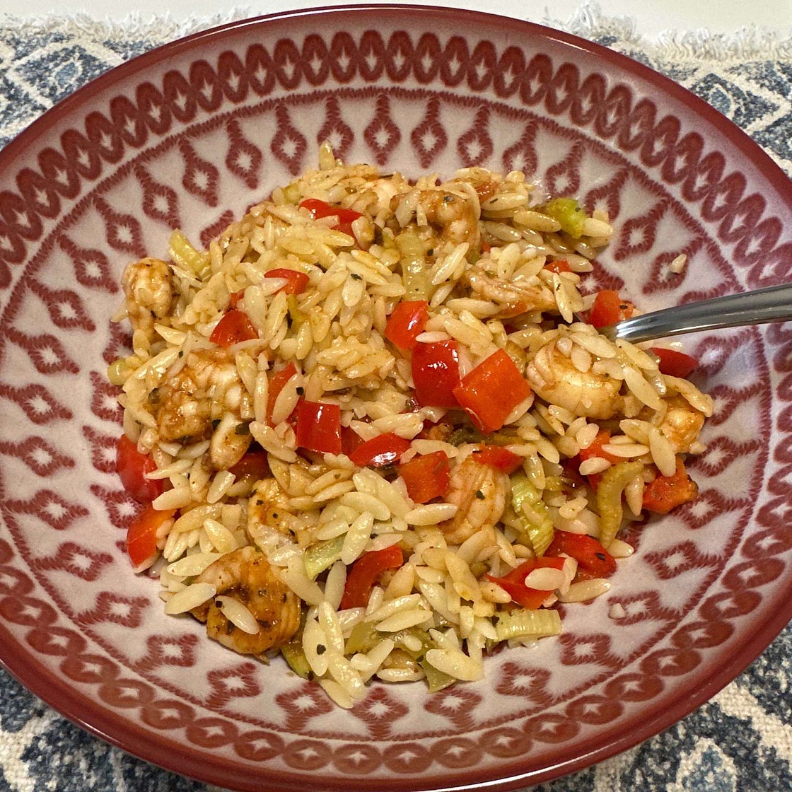 Peppery Barbecue-Glazed Shrimp with Vegetables & Orzo