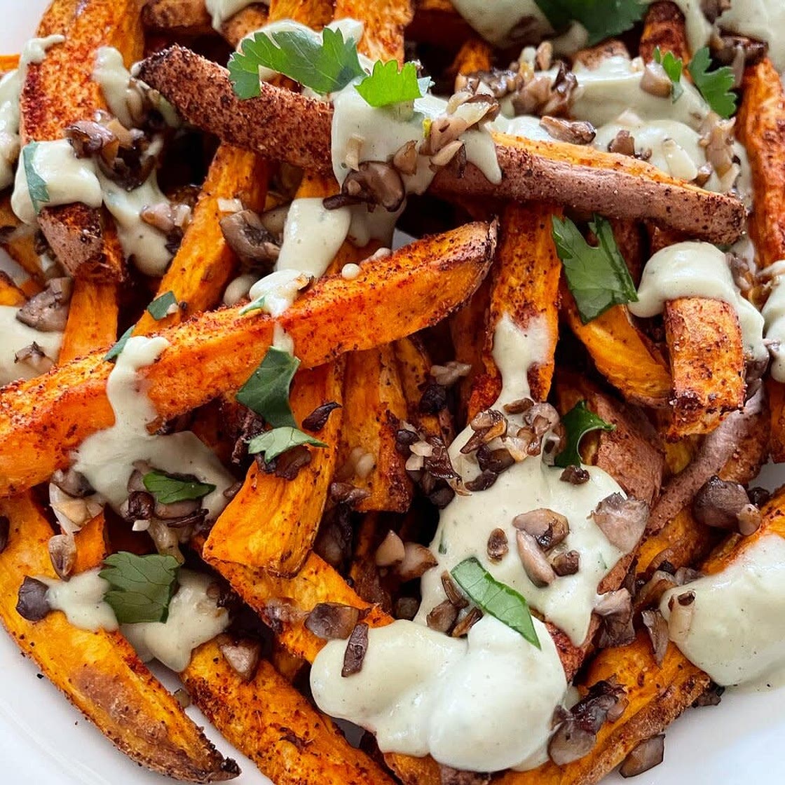 Baked oyster mushroom with sweet potato fries