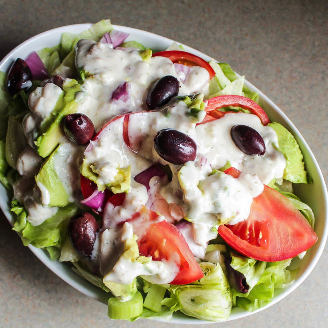 Creamy, Greek salad dressing high in protein 