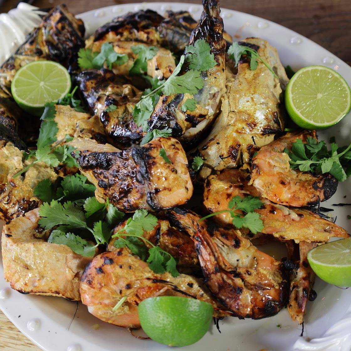 Tandoor Salmon, Prawns and Mackerel, with a Green Lentil Curry -