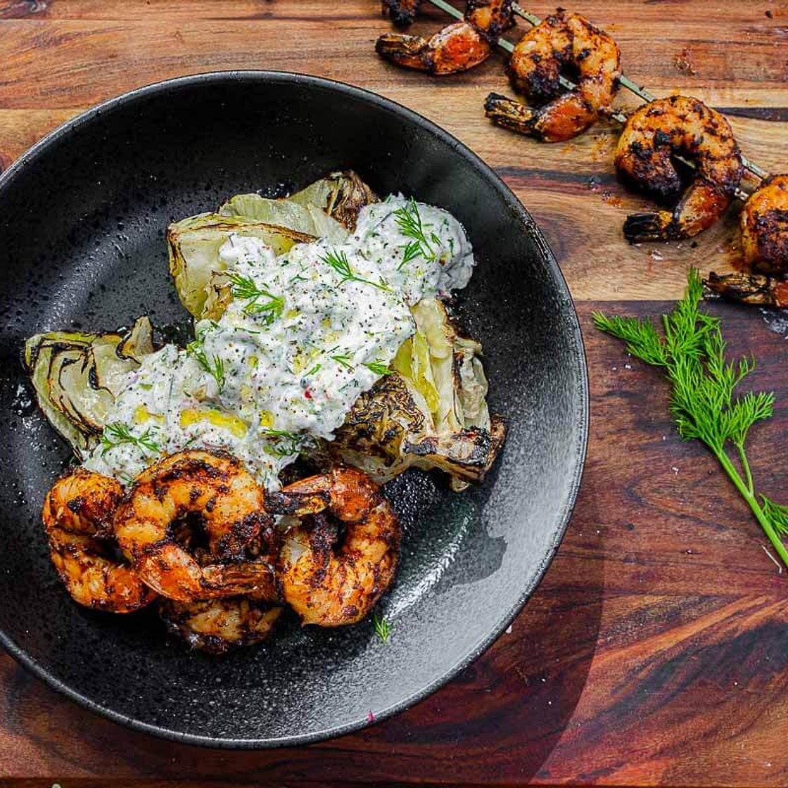 Grilled Lettuce with Peppery Tzatziki & Spicy Shrimp - Fit Men Cook
