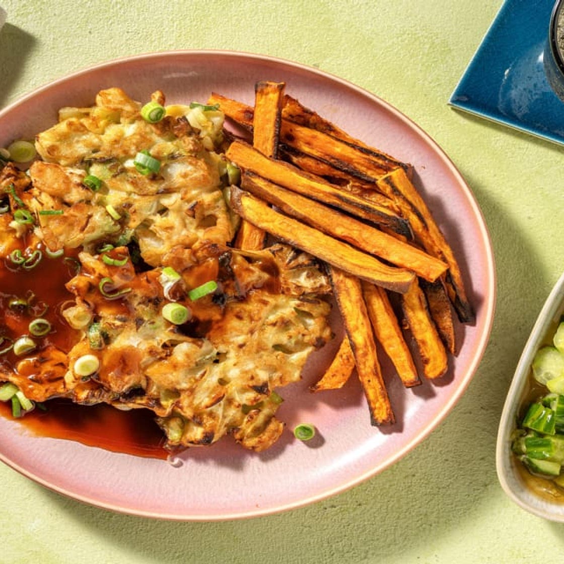 Okonomiyaki Inspired Cabbage & Spring Onion Fritters with Tonkatsu Style Sauce, Sweet Potato and Sesame Cucumber Salad