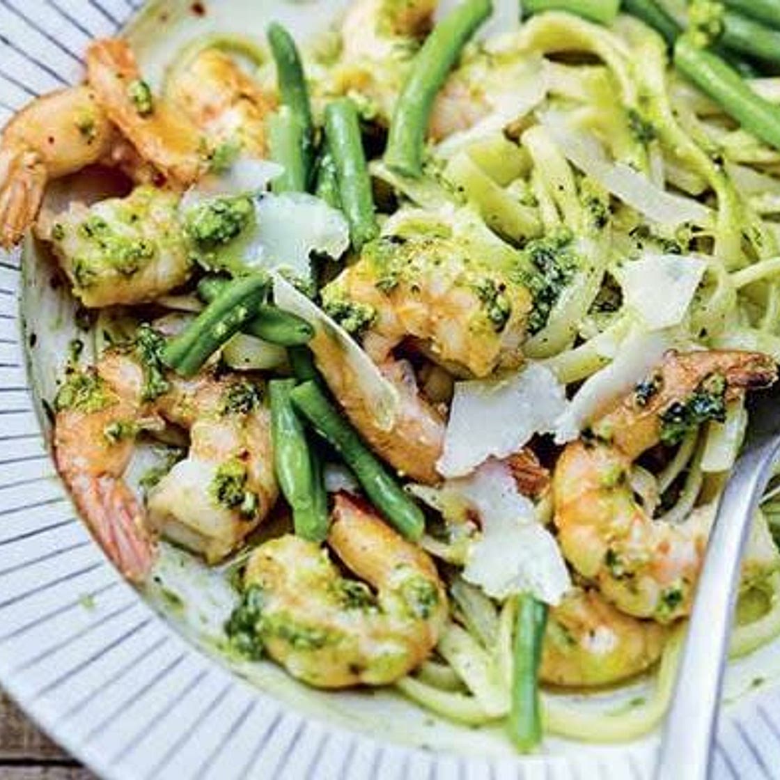 Linguine au pesto, crevettes et haricots verts