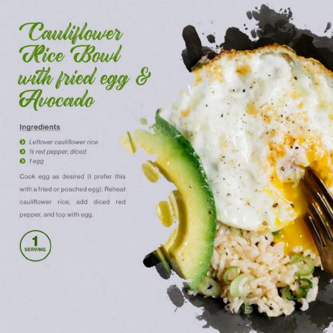 Cauliflower rice bowl with egg and avocado