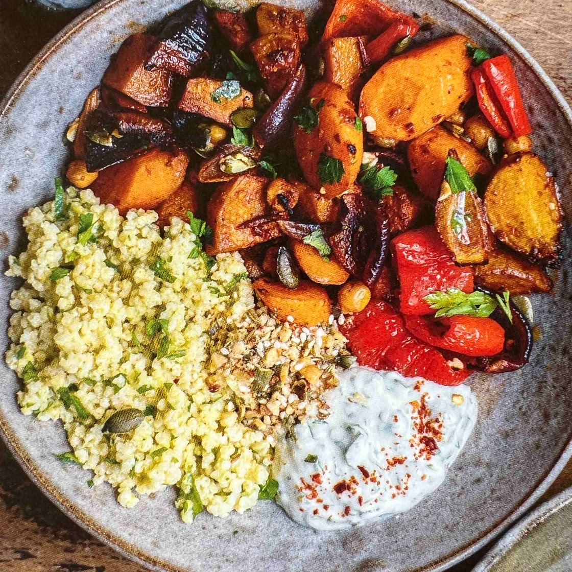 Spicy roots and millet bowl with herby yoghurt dressing 