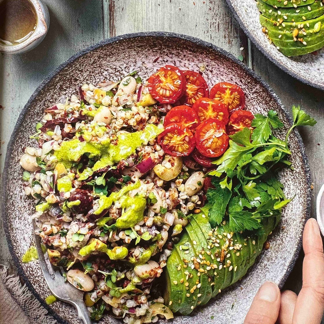 Summer in a bowl with basil and walnut cream