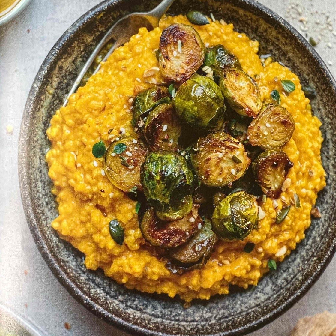 Cheesy squash millet with miso Brussels sprouts 