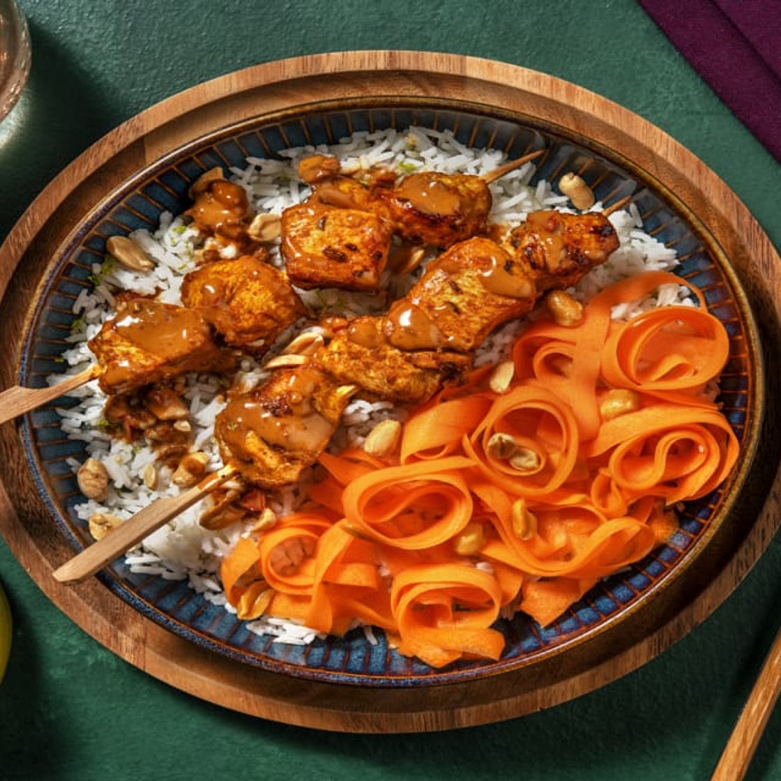 Ultimate Chicken Satay Skewers with Peanut Sauce, Pickled Carrot Ribbons and Zesty Rice