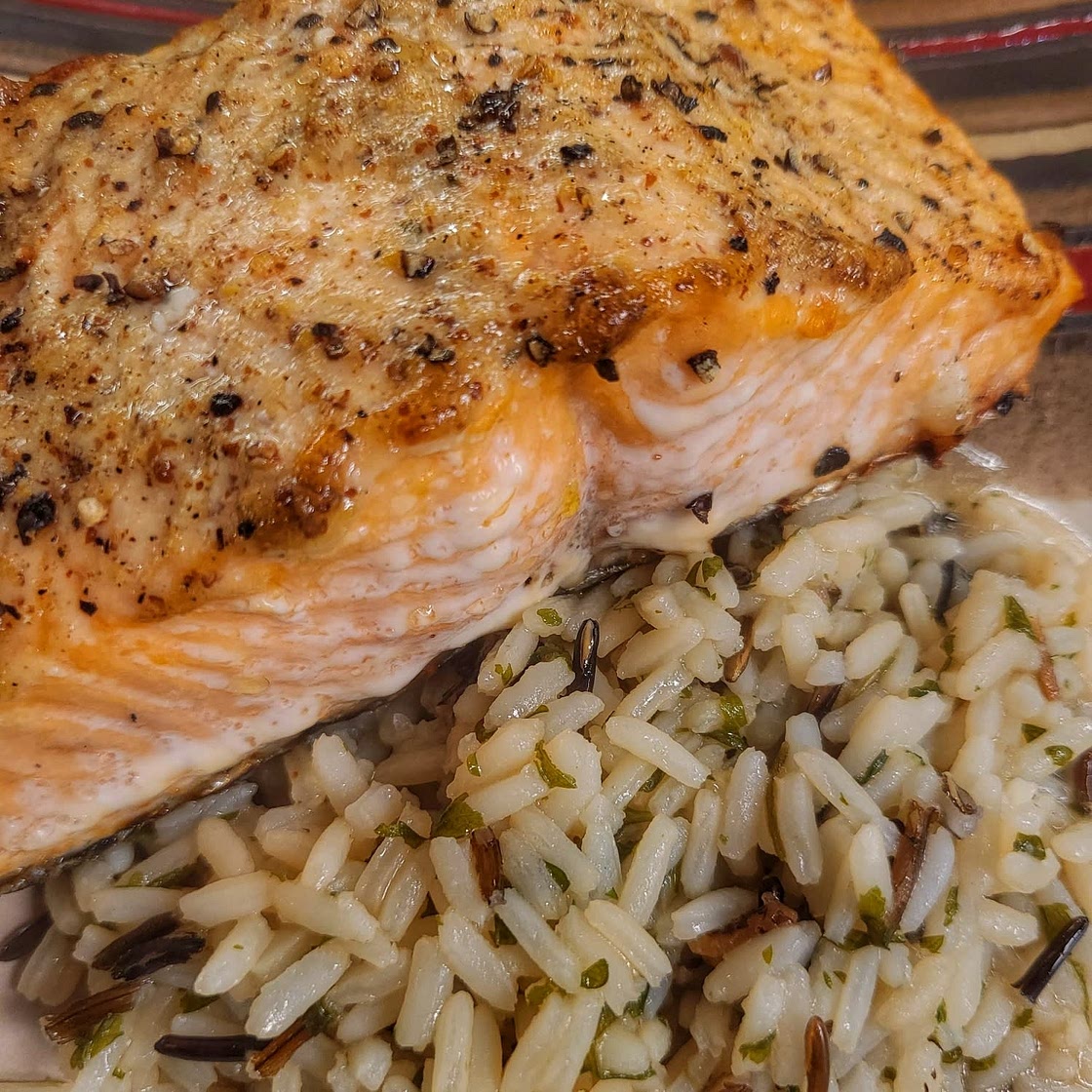 Dijon Salmon with Green Bean Pilaf