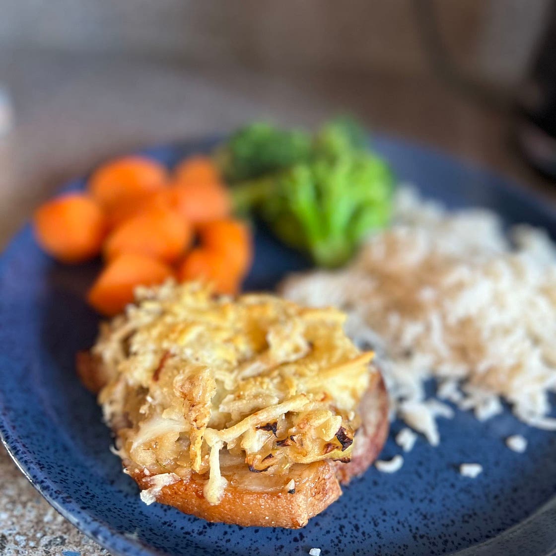 Cheesy bramley apple pork